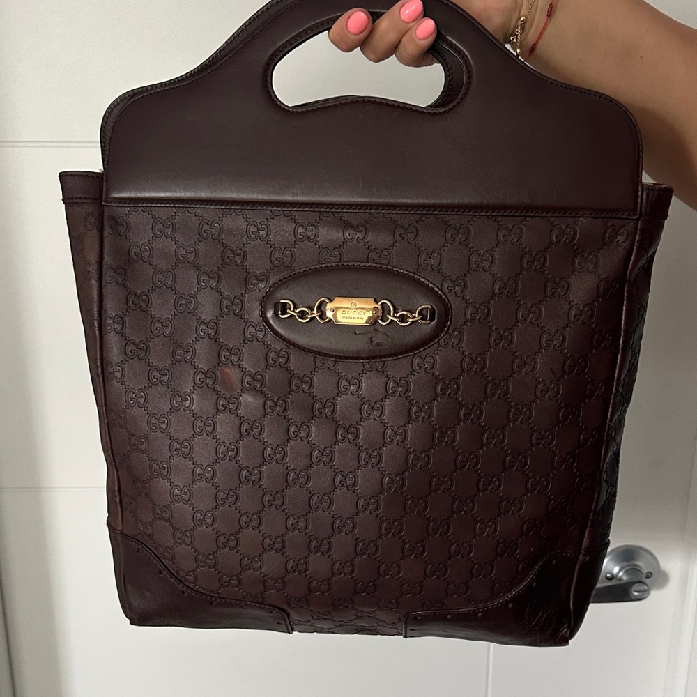 Gucci Dark Brown Leather Handbag with Gold Accent